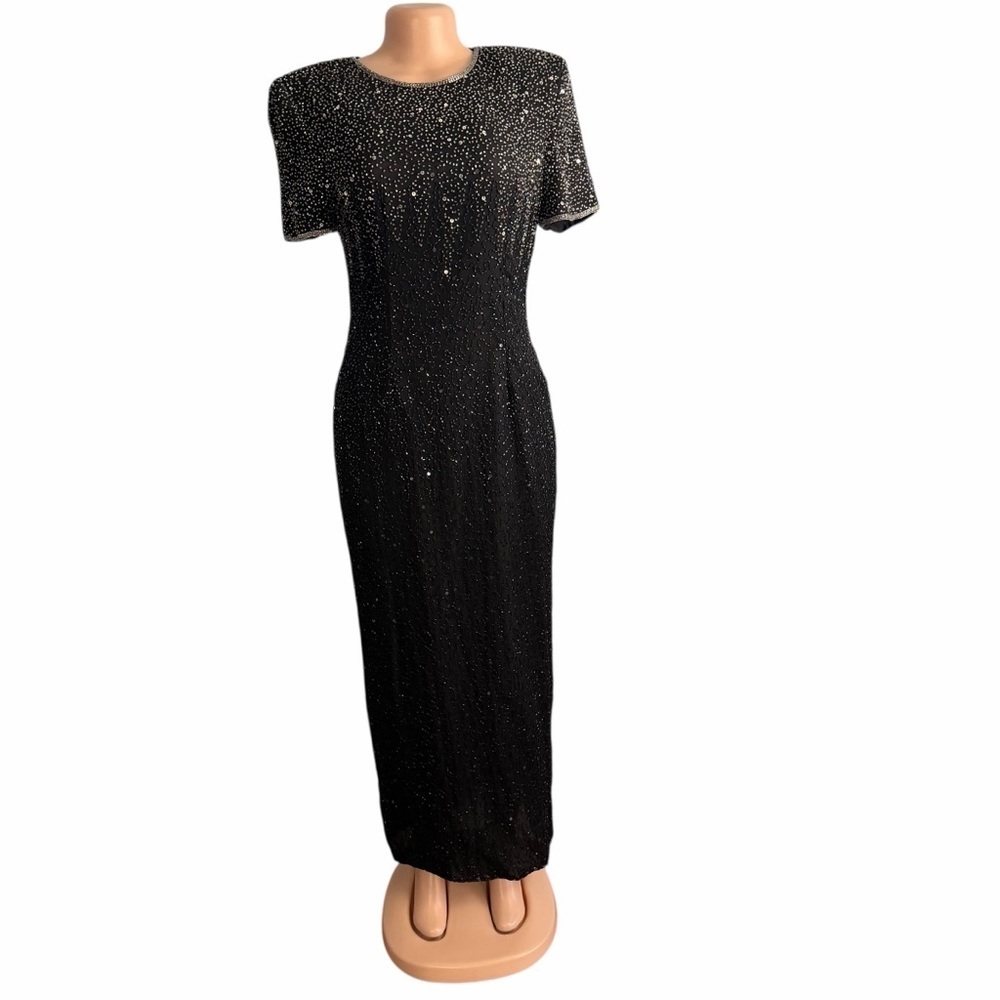 Vintage Stenay Black Iridescent Silk Beaded Cocktail Dress